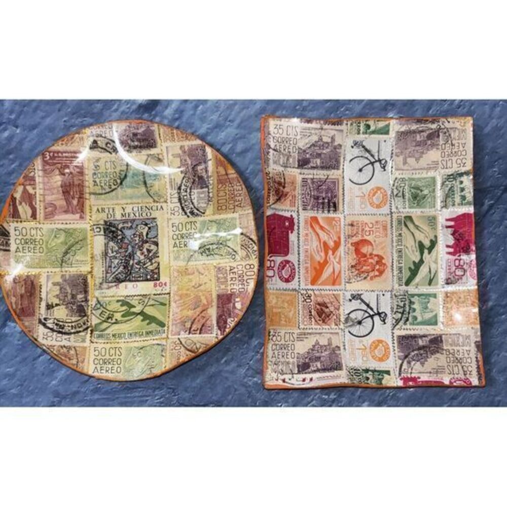 2 Vintage Handmade Postage Stamp Decoupage Plate‎ ,Material Backing, Under Glass